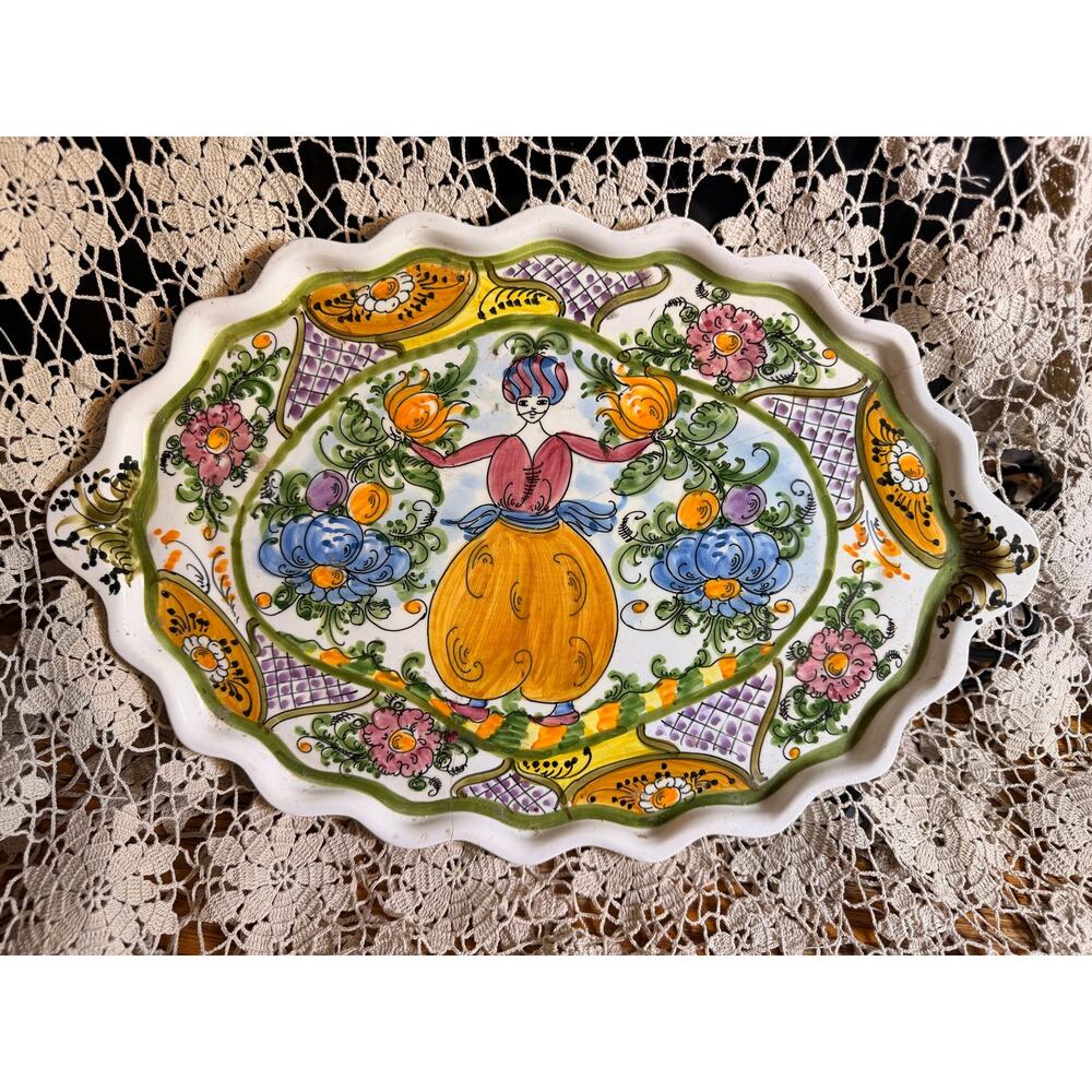 Vintage Italian Hand Painted Deruta Ceramic Platter Tray Folk Art Scalloped